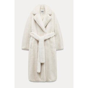 ZARA ZW COLLECTION Belted Faux Fur Long Coat Jacket Ecru White Size Large